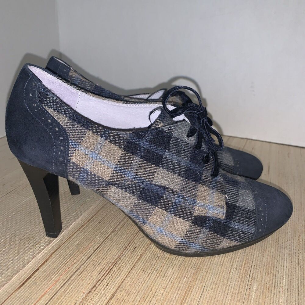 Johnston & Murphy Oxford Heels Sz 9M Office Academia Pinup Blue Gray Suede Wool - Picture 3 of 16